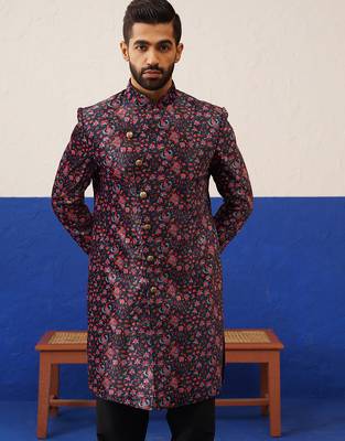Black printed velvet angrakha indowestern set 5