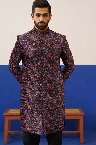 Black printed velvet angrakha indowestern set