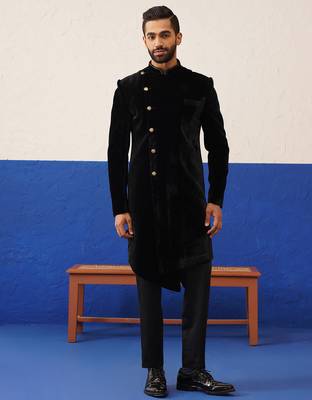 Rishabh chawla in black velvet asymmetric indowestern 1