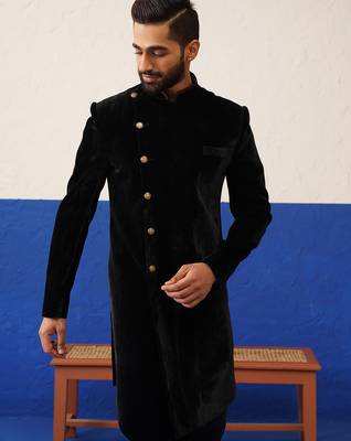 Rishabh chawla in black velvet asymmetric indowestern 3