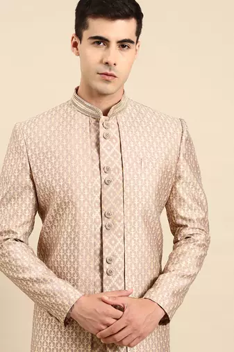 Dusty pink gold jacquard layered indowestern