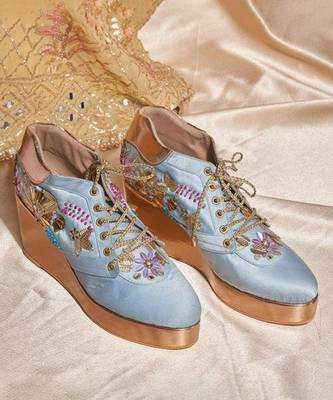 Blue woven leather wedges shoes 1