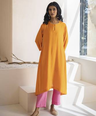 Orange plain cotton silk kurta and pant 1