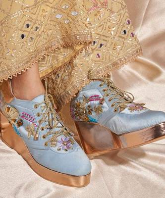 Blue woven leather wedges shoes 2