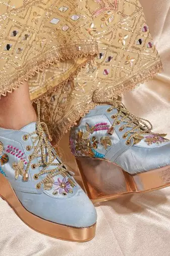 Blue woven leather wedges shoes