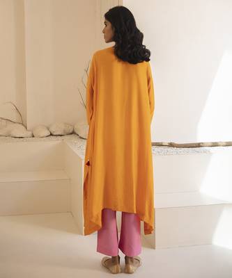 Orange plain cotton silk kurta and pant 2