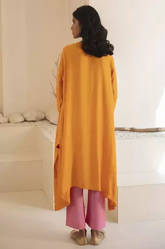 Orange plain cotton silk kurta and pant