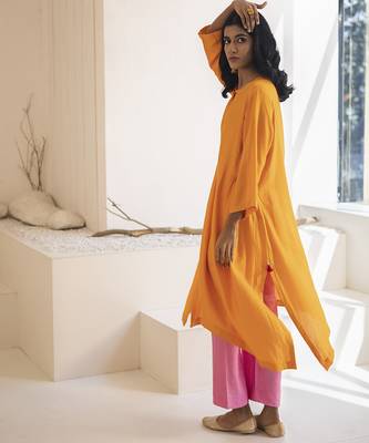 Orange plain cotton silk kurta and pant 3