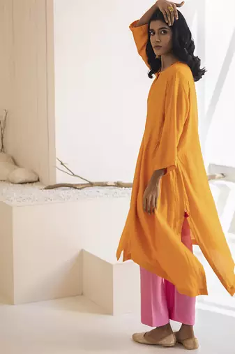 Orange plain cotton silk kurta and pant