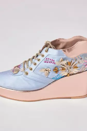 Blue woven leather wedges shoes