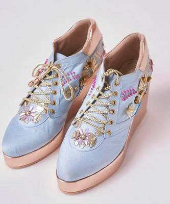 Blue woven leather wedges shoes 5