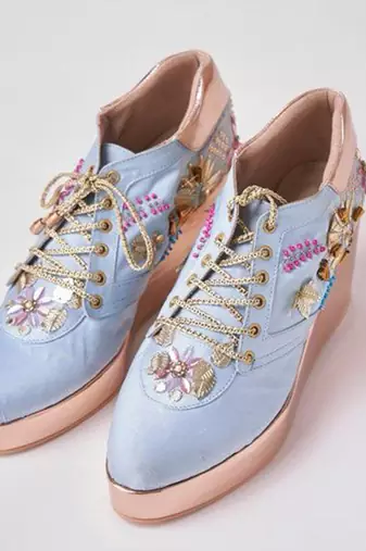 Blue woven leather wedges shoes