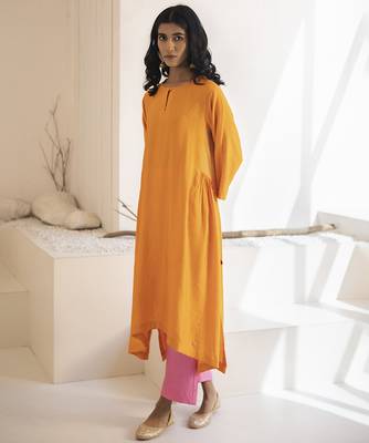 Orange plain cotton silk kurta and pant 4