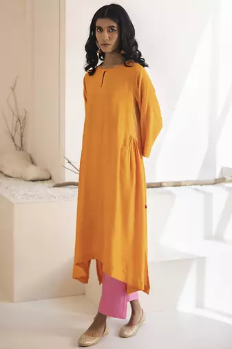Orange plain cotton silk kurta and pant