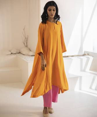 Orange plain cotton silk kurta and pant 5