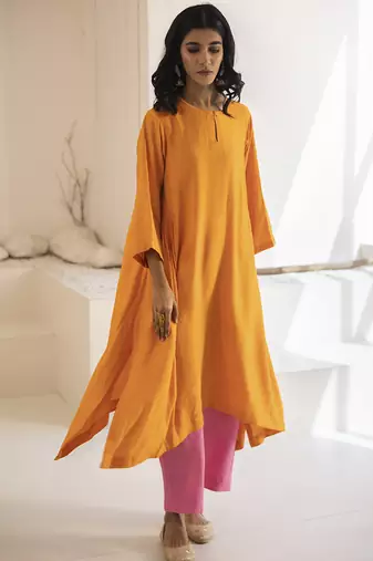 Orange plain cotton silk kurta and pant