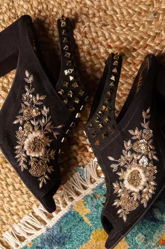 Black woven leather heels