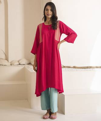 Pink plain cotton silk kurta and pant 1
