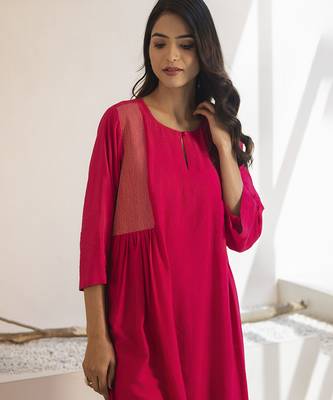 Pink plain cotton silk kurta and pant 2