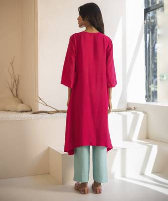 Pink plain cotton silk kurta and pant 3