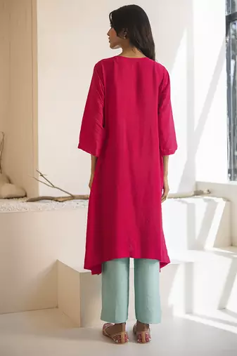 Pink plain cotton silk kurta and pant