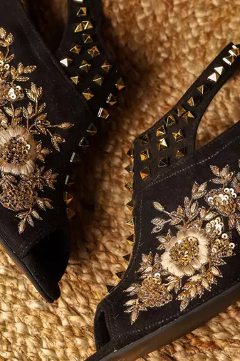 Black woven leather heels