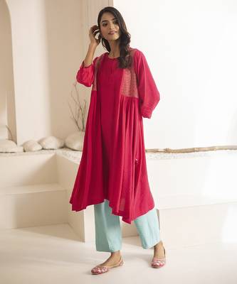 Pink plain cotton silk kurta and pant 4