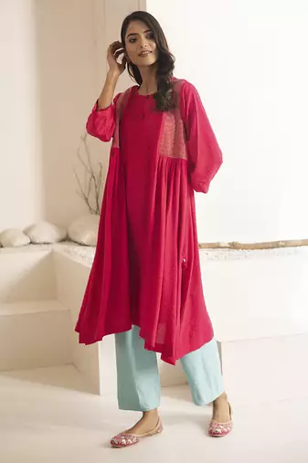 Pink plain cotton silk kurta and pant