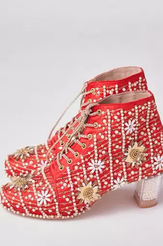 Red woven leather heels