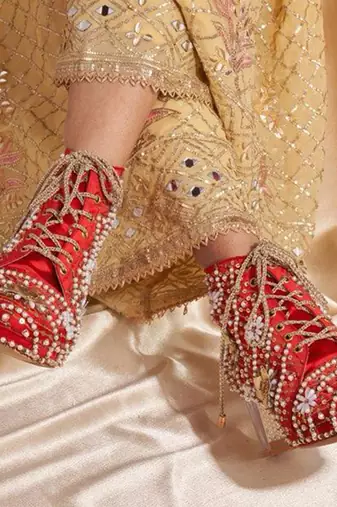 Red woven leather heels