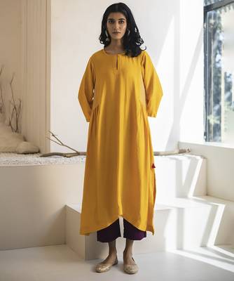 Yellow plain cotton silk kurta and pant 1