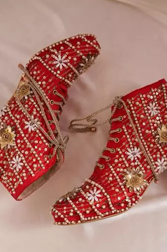 Red woven leather heels