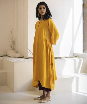 Yellow plain cotton silk kurta and pant 3