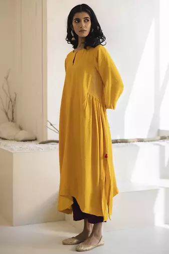 Yellow plain cotton silk kurta and pant