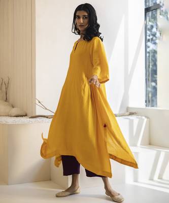 Yellow plain cotton silk kurta and pant 4