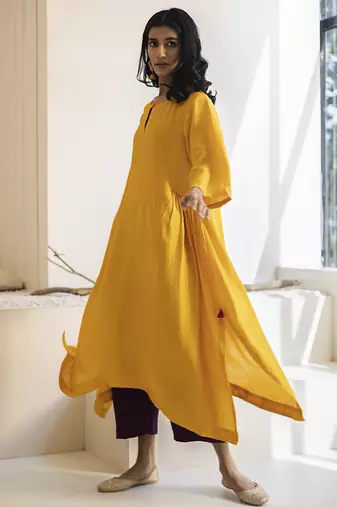Yellow plain cotton silk kurta and pant