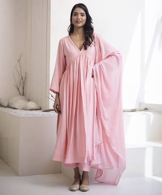 Pink plain cotton silk kurta set 1