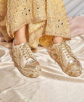 Gold woven leather wedges shoes 1