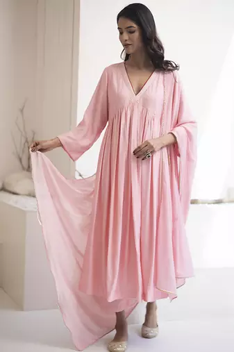 Pink plain cotton silk kurta set
