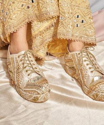 Gold woven leather wedges shoes 2
