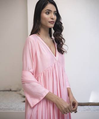 Pink plain cotton silk kurta set 3