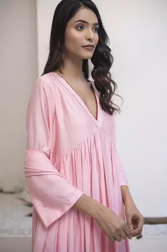 Pink plain cotton silk kurta set
