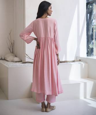 Pink plain cotton silk kurta set 4