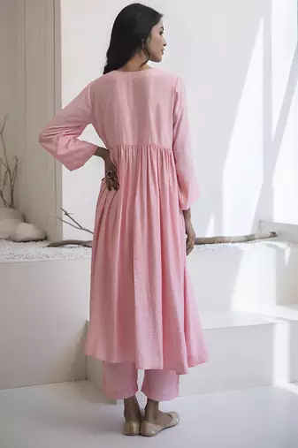 Pink plain cotton silk kurta set