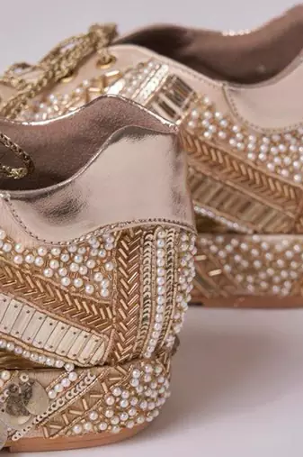 Gold woven leather wedges shoes