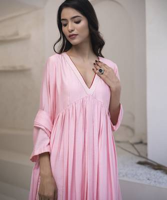 Pink plain cotton silk kurta set 5