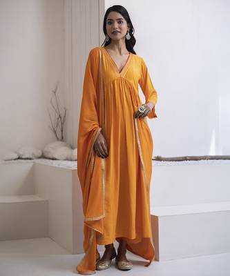 Orange plain cotton silk kurta and pant 1