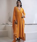 Orange plain cotton silk kurta and pant