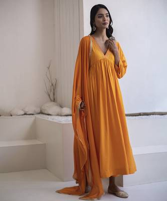 Orange plain cotton silk kurta and pant 2