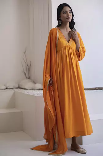 Orange plain cotton silk kurta and pant